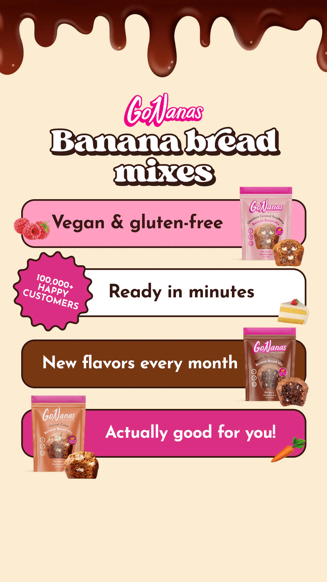 GoNanas banana bread mix campaign creative with product benefits