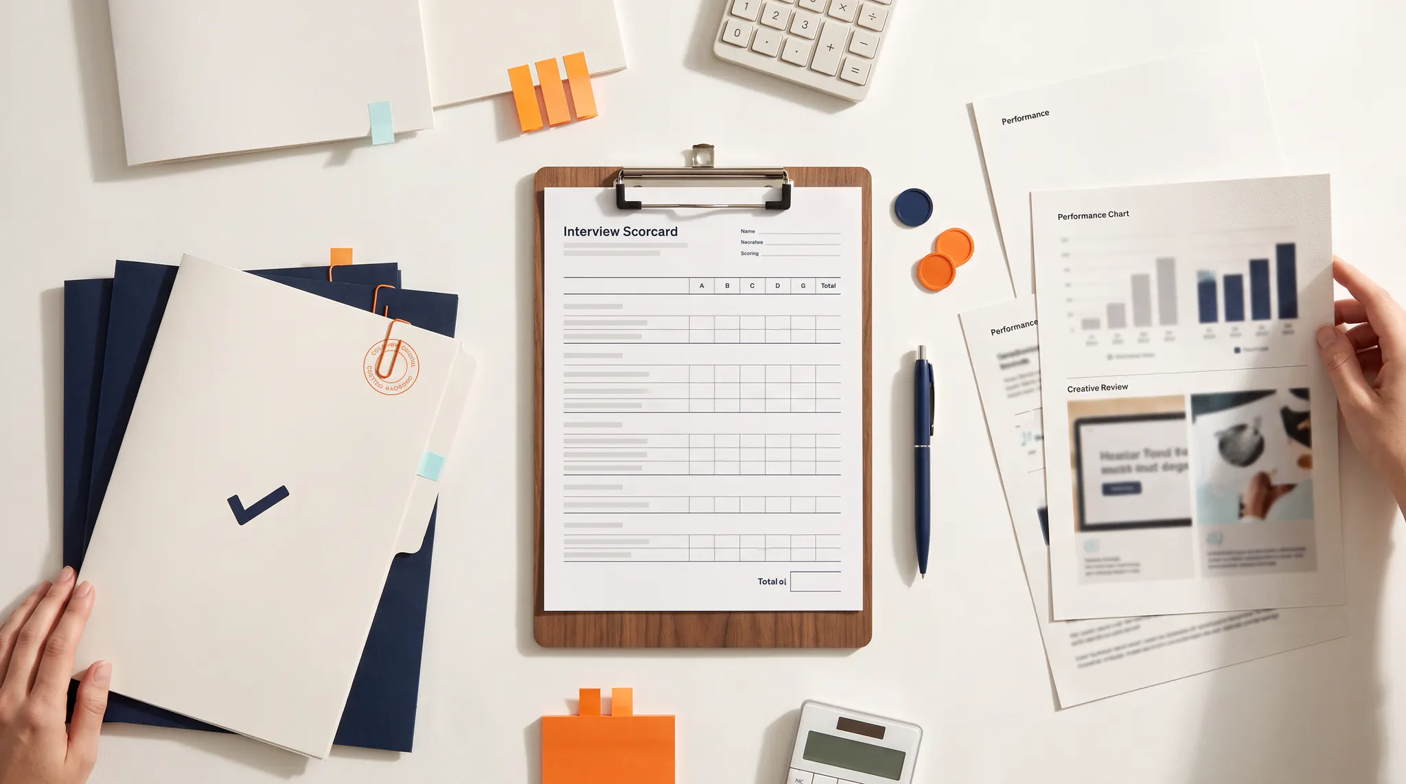 Editorial agency-selection workspace with proposal folders, interview scorecard, performance evidence, and First Spark navy-orange accents