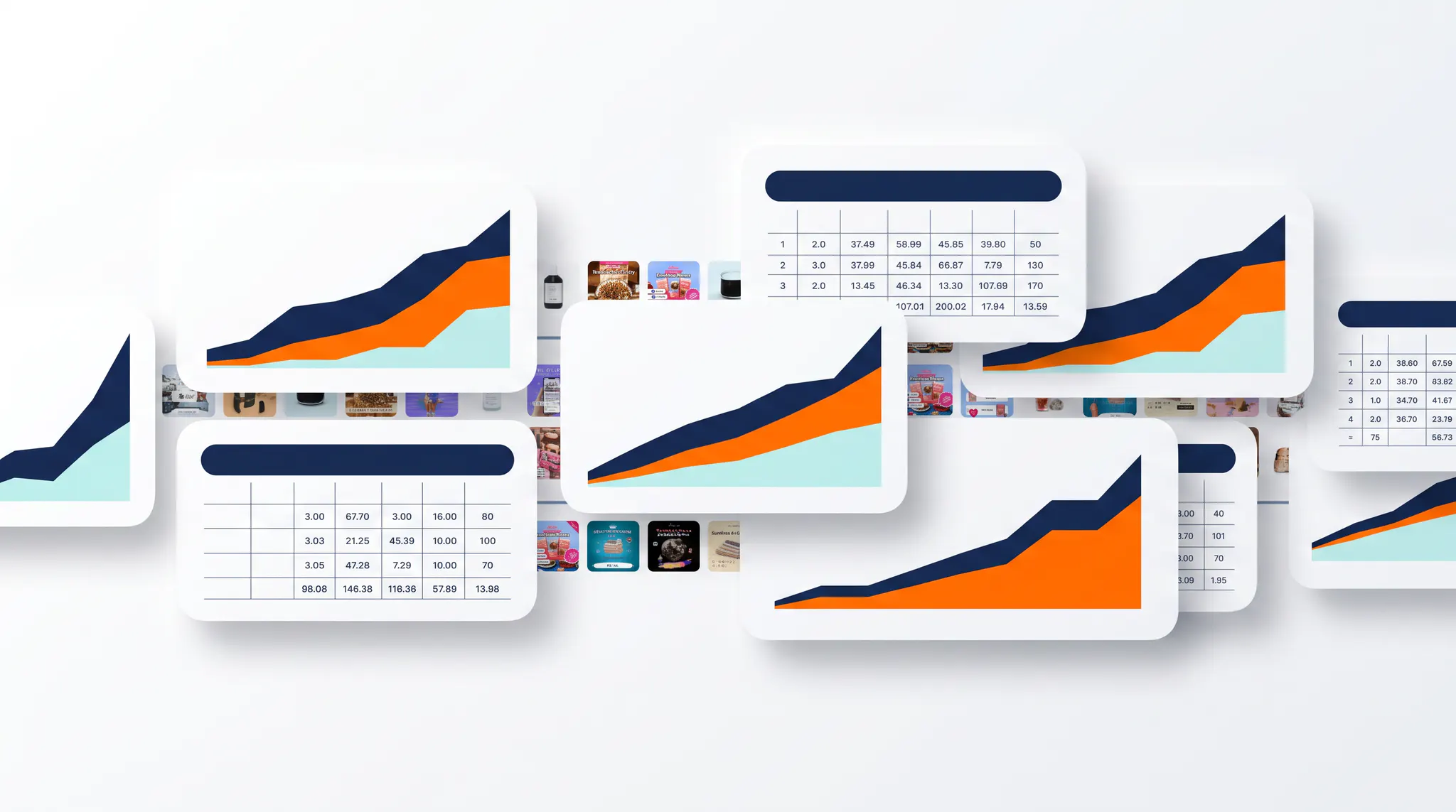 Abstract ecommerce performance dashboards with navy, orange, and pale cyan growth charts